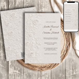 Invitación Boda Relieve Marfil Rosas Código QR Invitation