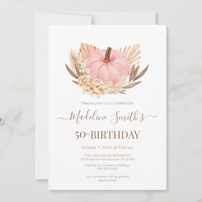 Invitación Boho Pink Pampas Grass Pumpkin Birthday Invitation (Front)