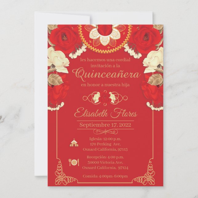Invitacion Charro Invitation, in Red, and Gold Announcement (Front)