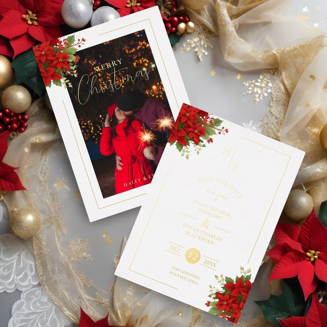 Invitación Con Relieve Metalizado Exquisita Moda I (Chic Initials Floral Christmas Bouquets Metallic Foil Holidays Card as a Wedding Photo Save the Date)