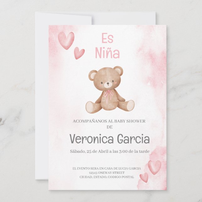 Invitacion de baby shower para niña tema osito invitation (Front)