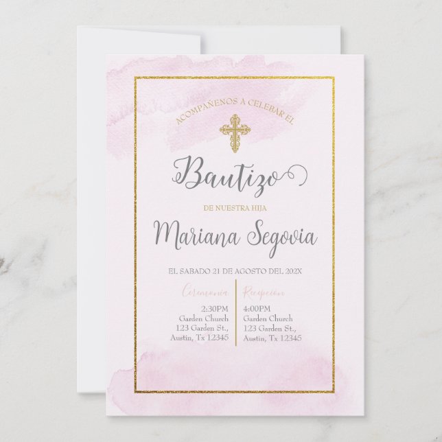 Invitación de bautismo colour rosa en español invitation (Front)
