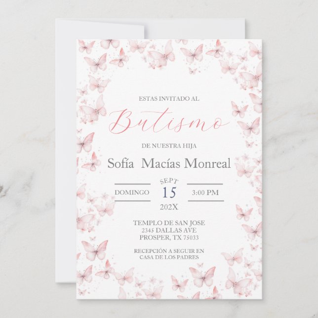 Invitación de bautismo con mariposas para niña invitation (Front)