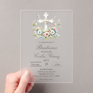 Invitación de bautismo en español con cruz acrylic invitations