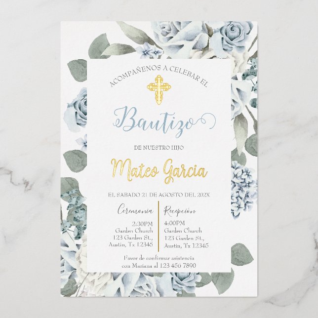 Invitación de bautismo floral azul en español (Front)