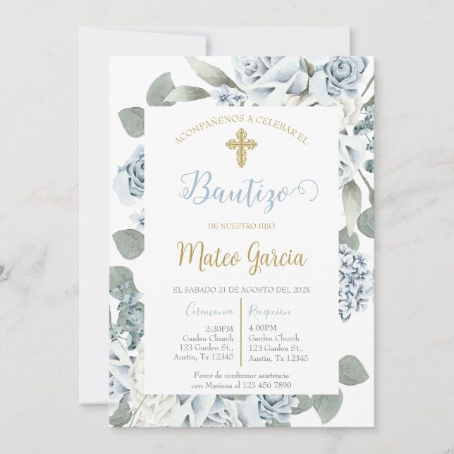 Invitación de bautismo floral azul en español invitation (Front)