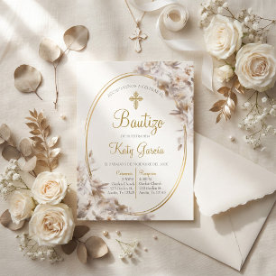 Invitación de bautismo floral blanca en español invitation