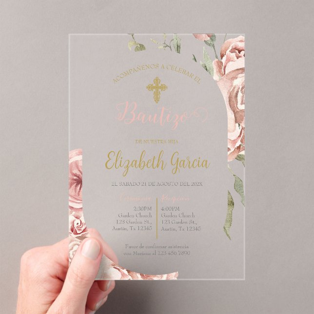Invitación de bautismo floral rosa en español acrylic invitations (Insitu (Handheld))