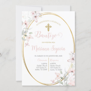 Invitación de bautismo floral rosa en español invitation