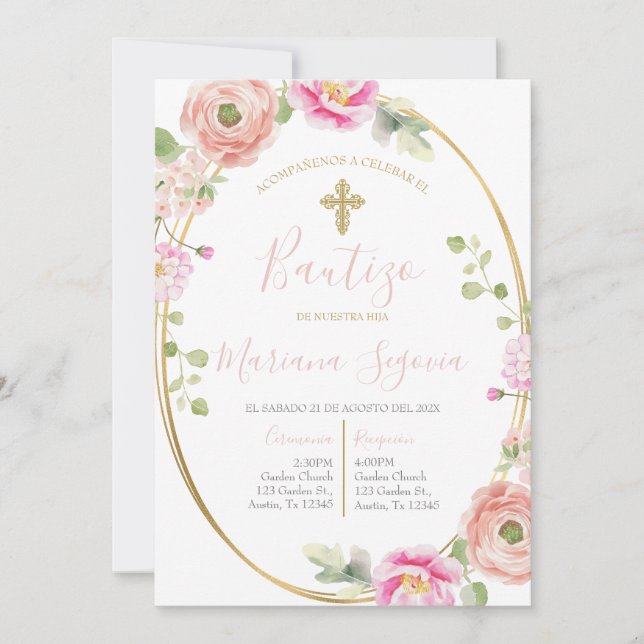 Invitación de bautismo floral rosa en español invitation (Front)
