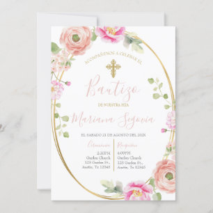 Invitación de bautismo floral rosa en español invitation