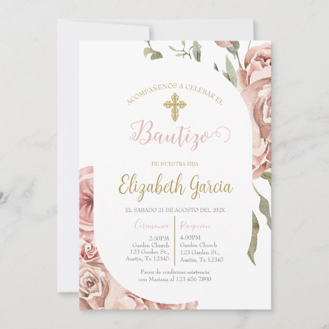 Invitación de bautismo floral rosa en español invitation (Front)