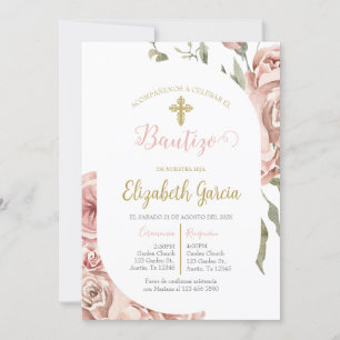 Invitación de bautismo floral rosa en español invitation