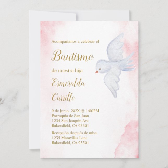 Invitación de bautismo para niña con paloma blanca invitation (Front)