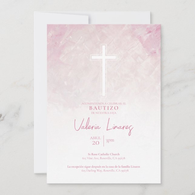 Invitación de Bautizo Niña Rosa Spanish Invitation (Front)