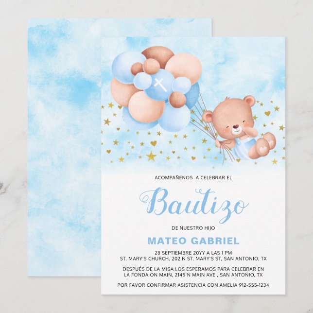 Invitación de Bautizo para Niño con Oso Baptism Invitation (Front/Back)