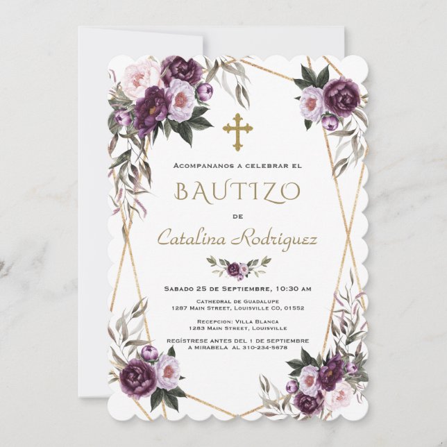 Invitacion De Bautizo Purple Flowers Gold Girl Invitation (Front)