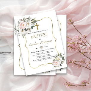 Invitacion De Bautizo White Flores Gold Baptism  Invitation