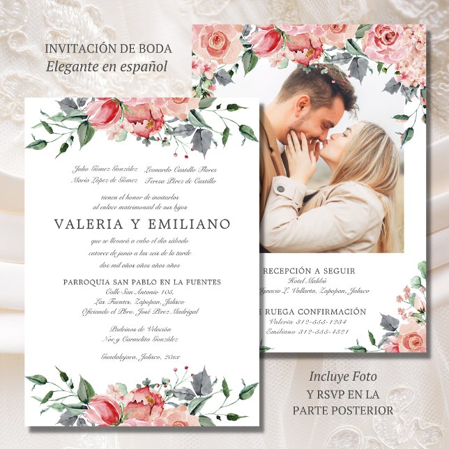 Invitación de Boda Elegante Spanish Wedding Invitation (Elegante invitación de boda en español con foto y RSVP)