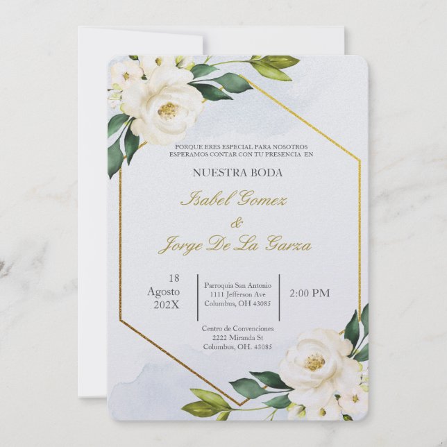 Invitacion de boda en espanol con flor blanca invitation (Front)