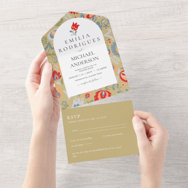 Invitación de Boda Español Inglés Rsvp FOLKART  All In One Invitation (Tearaway)
