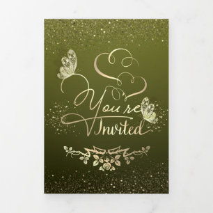Invitación de boda verde con purpurina Tri-Fold invitation