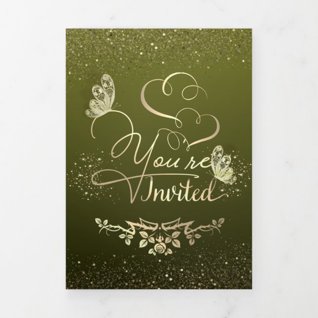 Invitación de boda  verde con purpurina Tri-Fold invitation (Cover)