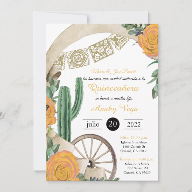 Invitación de Charro Huapango Quinceanera, Yellow Invitation (Front)
