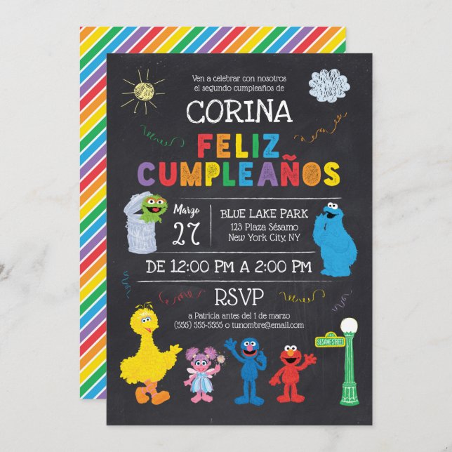 Invitación de Cumpleaños de Plaza Sésamo Invitation (Front/Back)