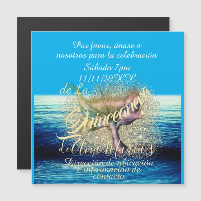 Invitación de fiesta de cumpleaños de la sirena magnetic invitation (Front/Back)