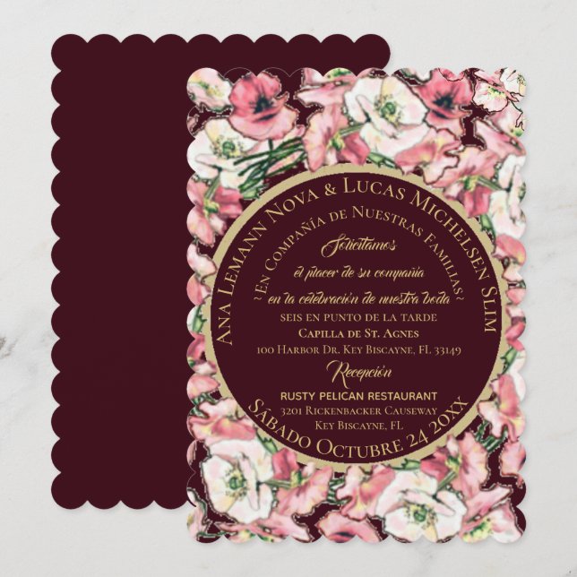Invitación de Matrimonio Floral Rosa-Rubor Borgoña Invitation (Front/Back)