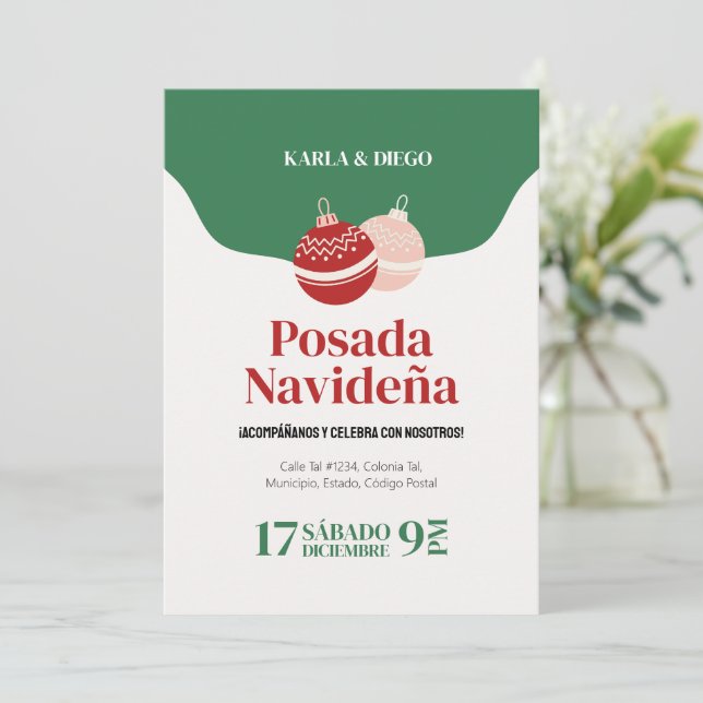 Invitación de Posada Navideña con Esferas Invitation (Standing Front)