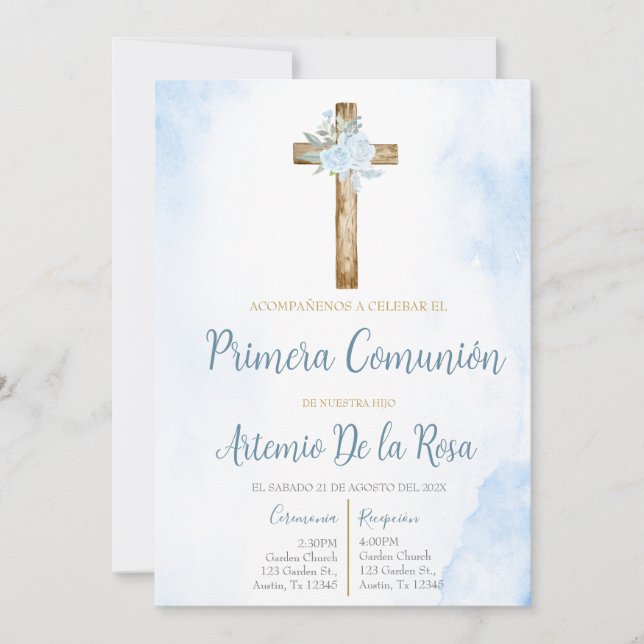 Invitación de primera comunión floral azul  invitation (Front)