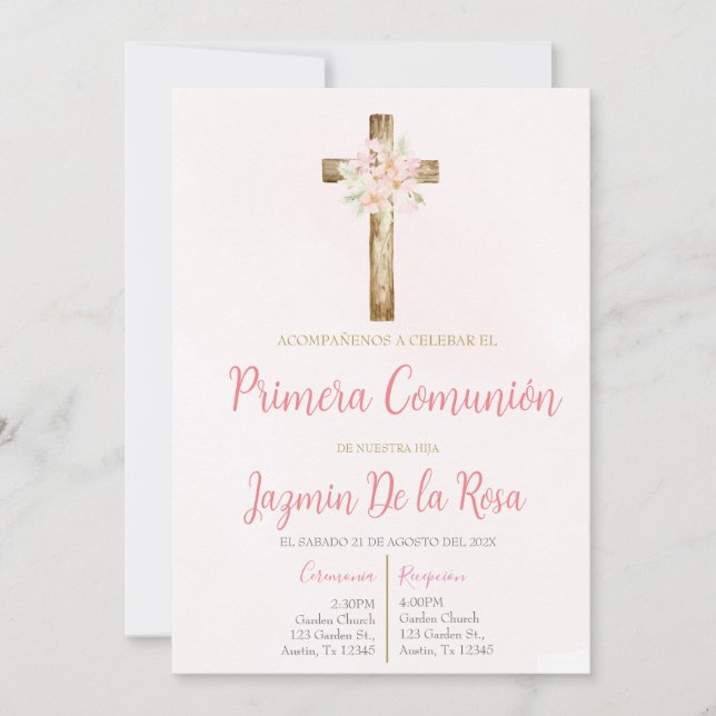Invitación de primera comunión floral rosa  invitation (Front)