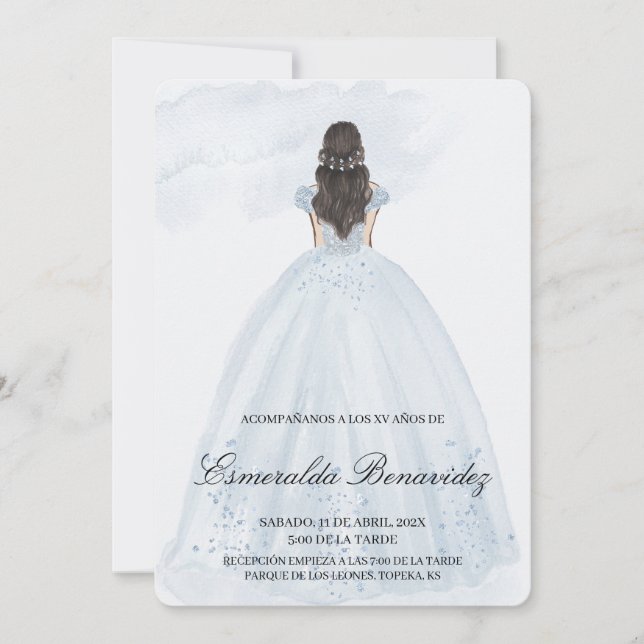 Invitación de quinceañera con vestido azul claro invitation (Front)