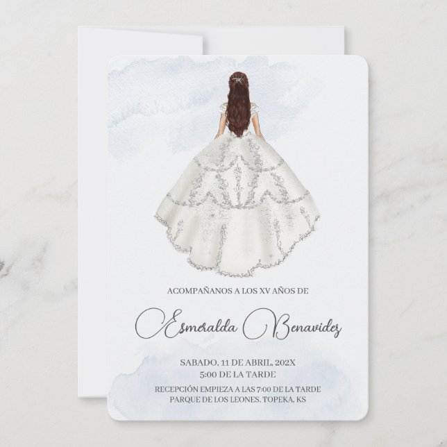 Invitación de quinceañera con vestido blanco invitation (Front)