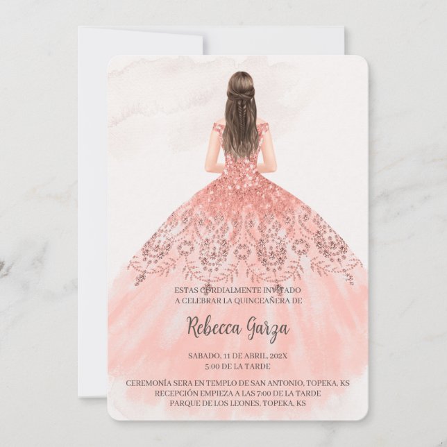 Invitación de quinceañera con vestido colour rosa invitation (Front)