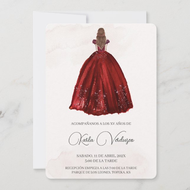 Invitación de quinceañera con vestido rojo invitation (Front)