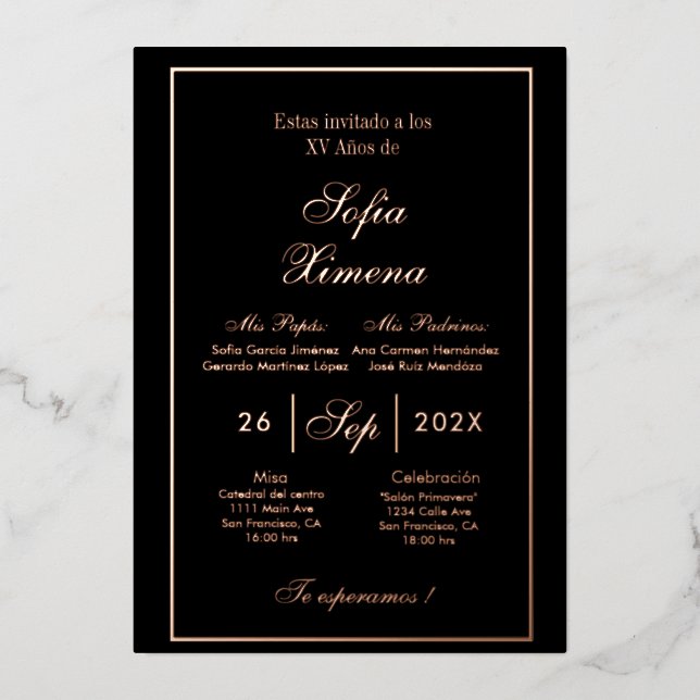 Invitación de quinceañera gold foil (Front)
