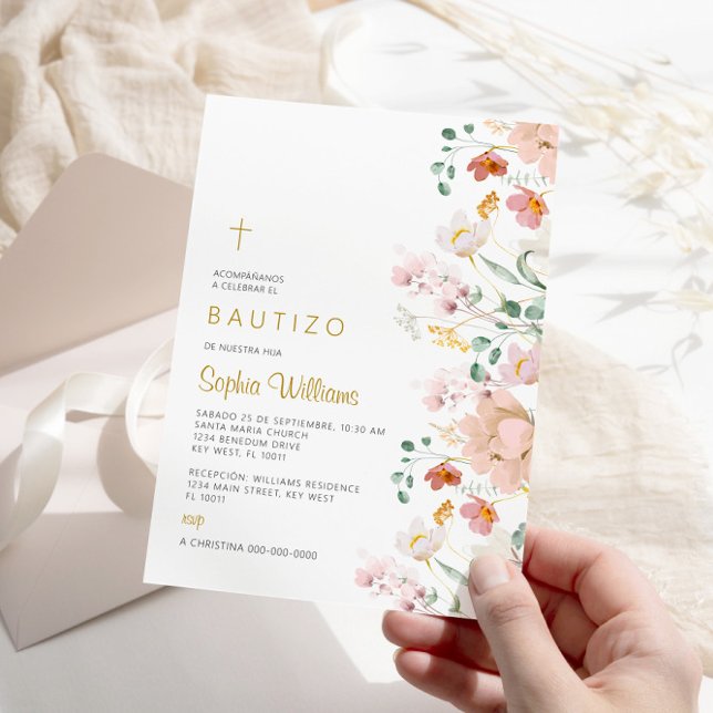 Invitación de Rosa Flores Silvestres para Bautizo Invitation (Creator Uploaded)