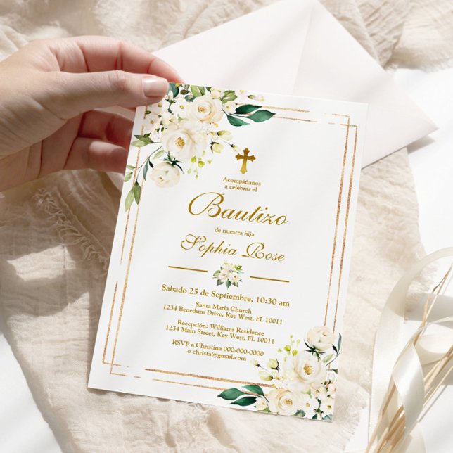 Invitación de Rosas Blancas para Bautizo Invitation (Creator Uploaded)