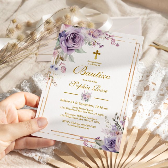 Invitación de Rosas Moradas para Bautizo Invitation (Creator Uploaded)