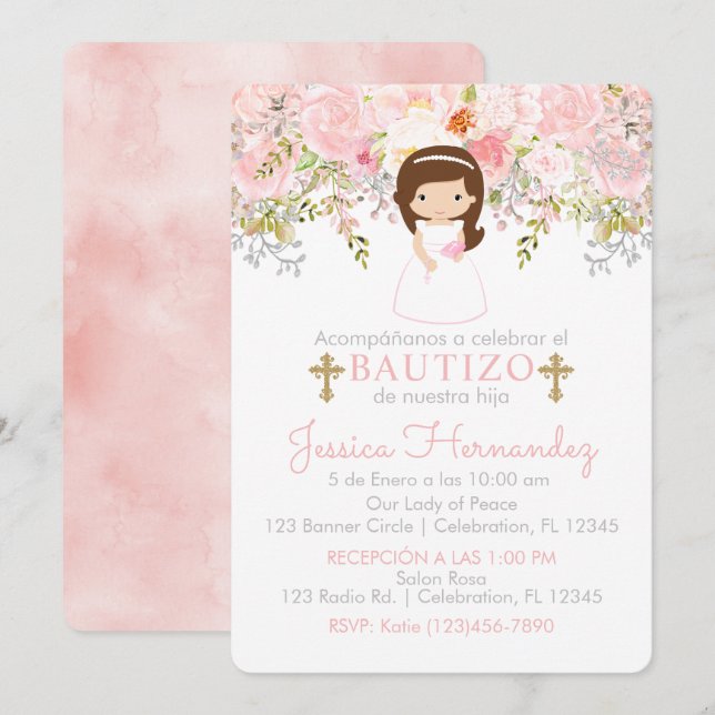 Invitación de Rosas para Bautizo de niña Invitació Invitation (Front/Back)