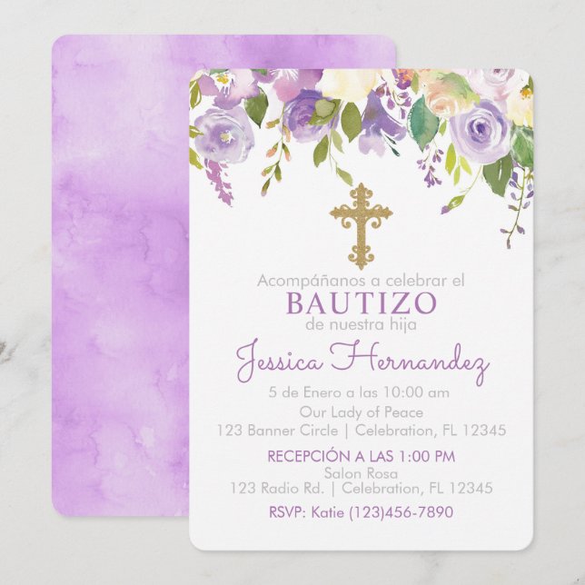 Invitación de Rosas para Bautizo de niña Invitation (Front/Back)