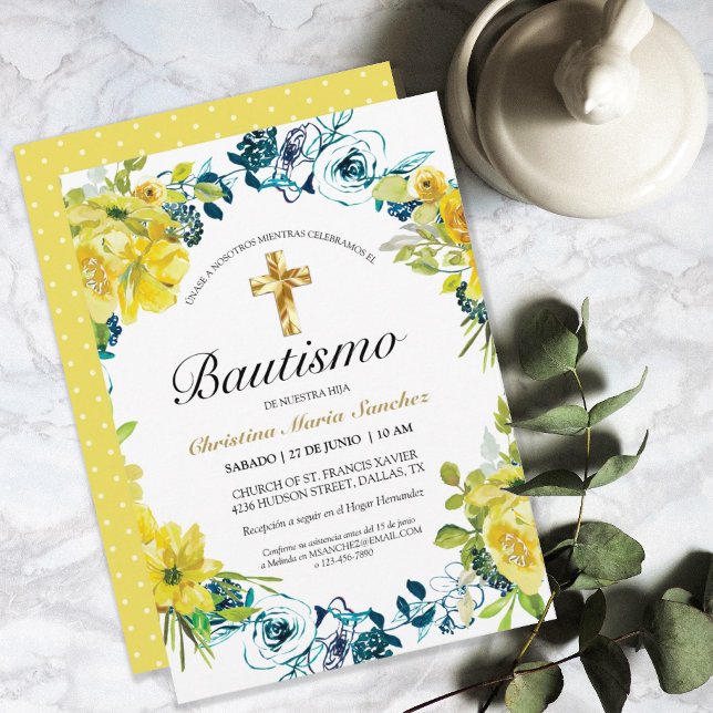 Invitación floral amarilla hermosa del bautismo invitation (Creator Uploaded)