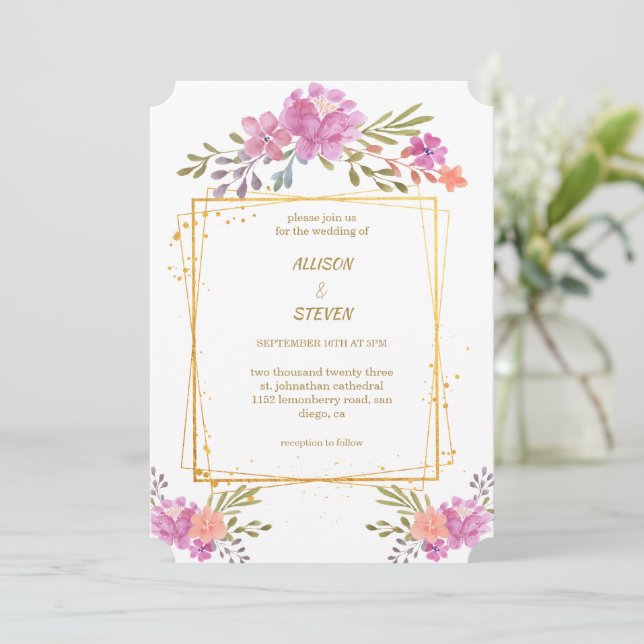 invitación Floral de Rosa con marco geométrico Invitation (Standing Front)