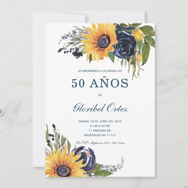 Invitación Girasoles Para 50 Años de Vida Invitation (Front)