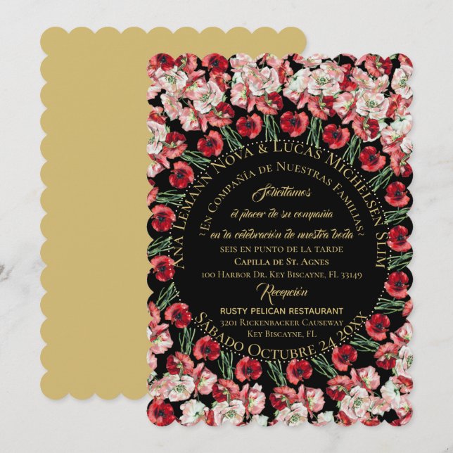 Invitación Matrimonio/Boda Floral Rosa-Rubor Negro Invitation (Front/Back)
