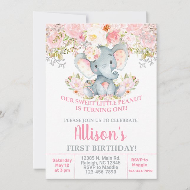 Invitación Pink elephant and flowers girl birthday Invitation (Front)