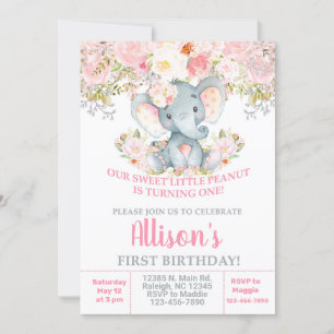 Invitación Pink elephant and flowers girl birthday Invitation